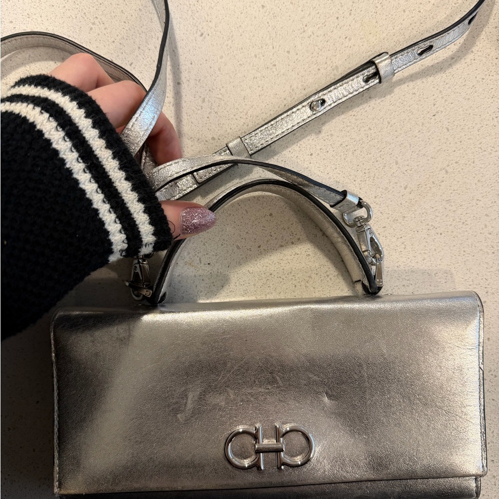 Salvatore Ferragamo Metallic Silver Mini Top-Handle Crossbody